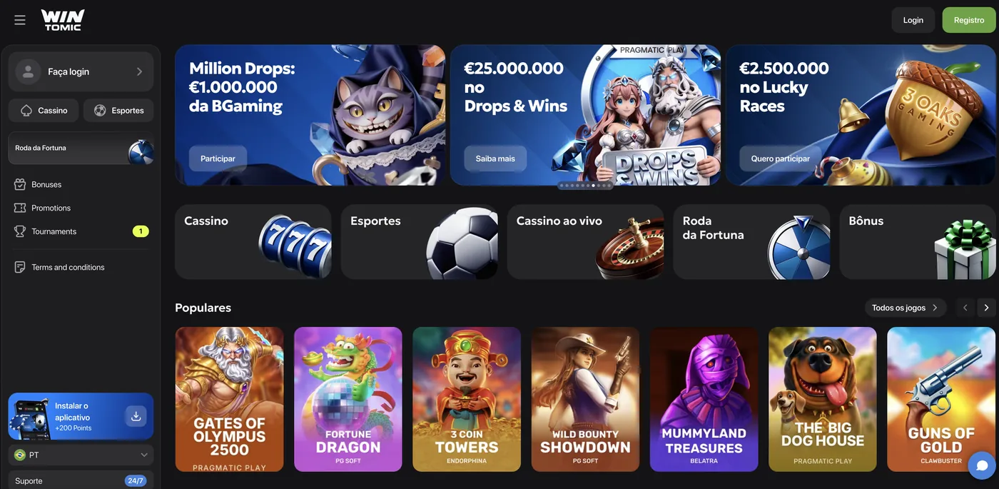 Página inicial do Wintomic Cassino Brasil com Million Drops, categorias de jogos e slots populares